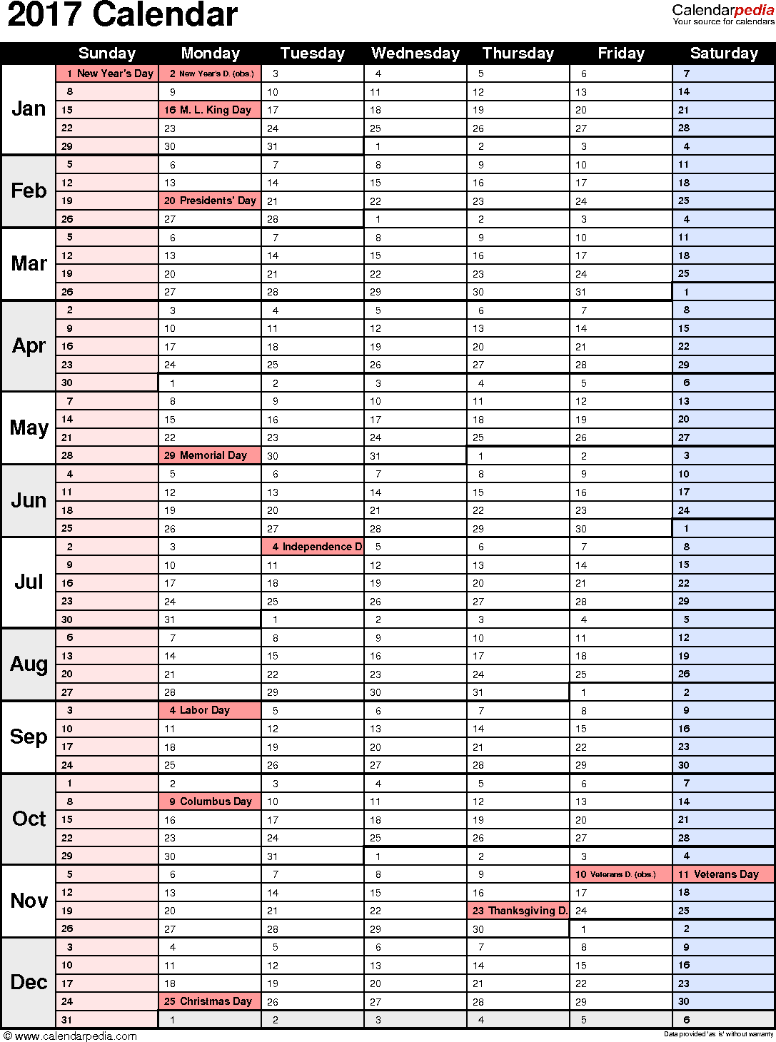 2017 Calendar Download 17 free printable Excel templates (.xls)