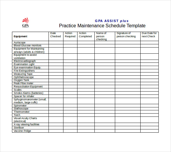 Maintenance Schedule Template Word