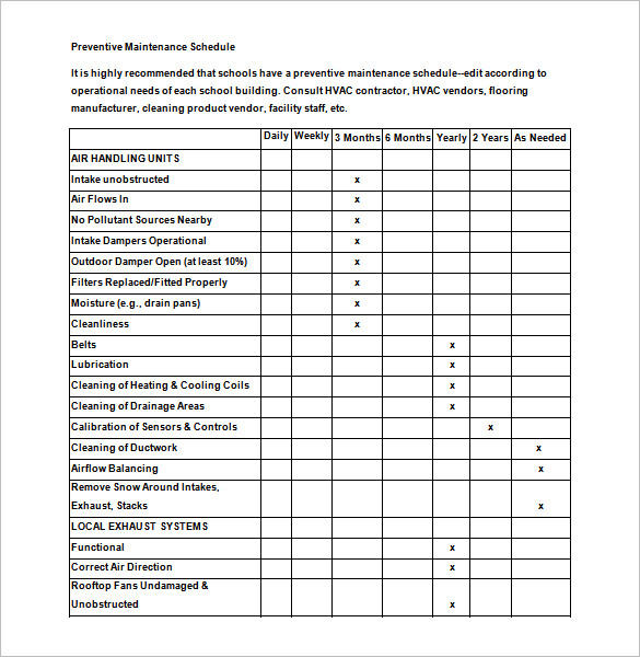 Preventive Maintenance Schedule Template