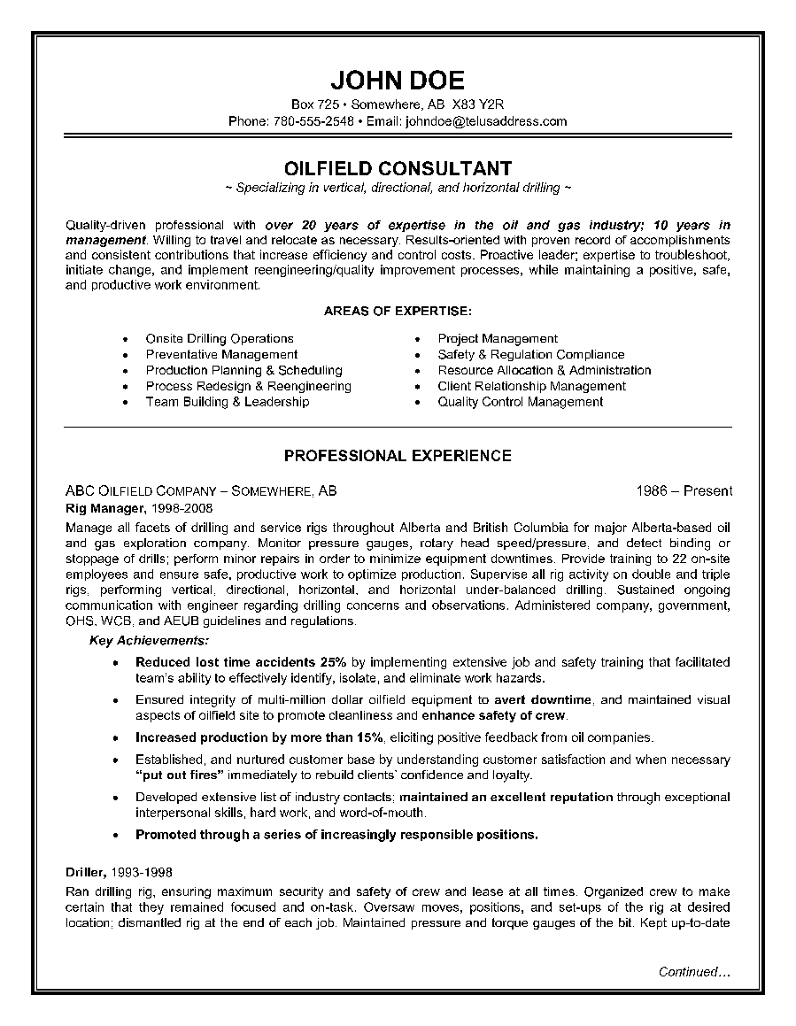 Epic Example of a Oilfield Consultant Resume Sample