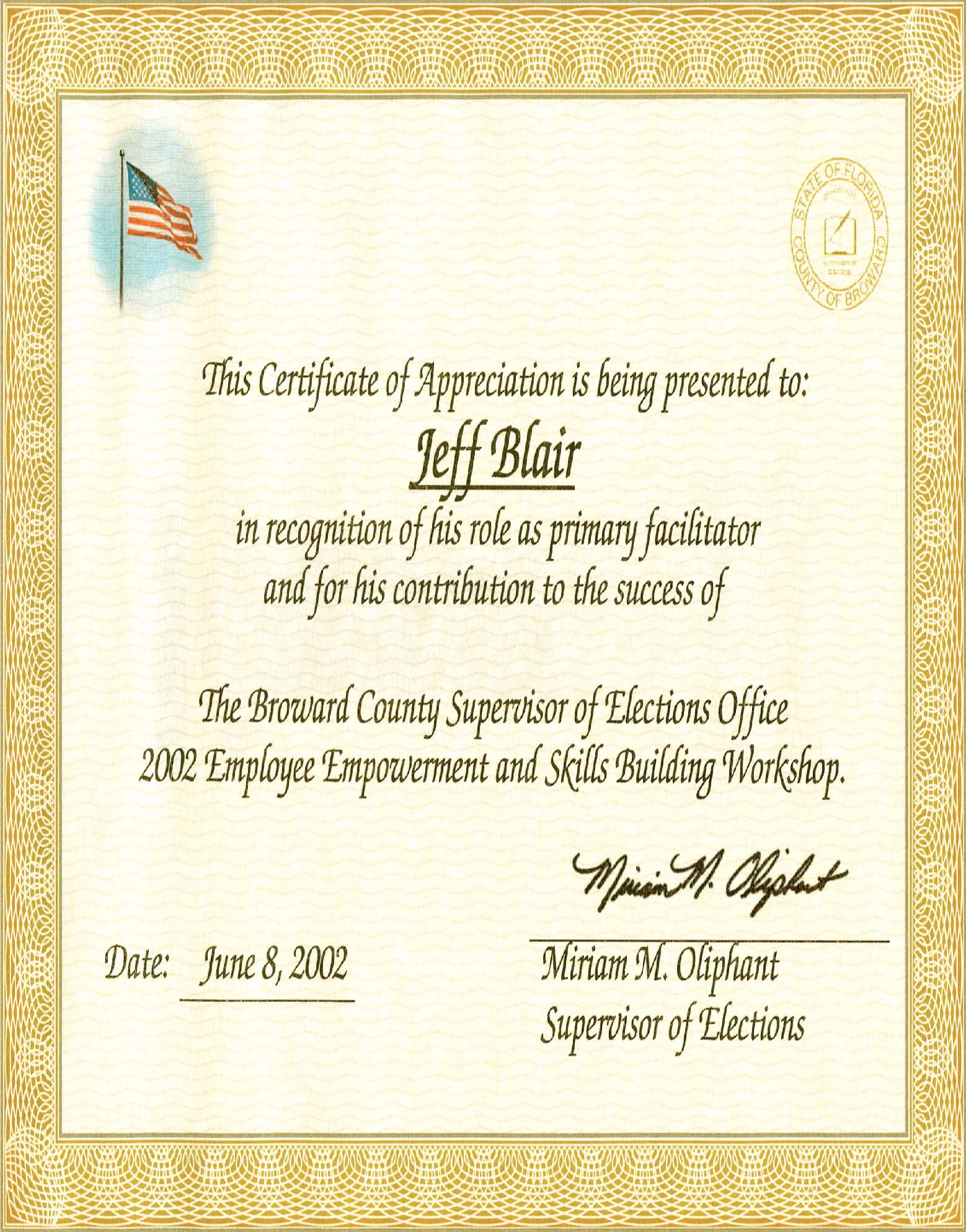 Broward County Supervisor of Elections Certificate of Appreciation