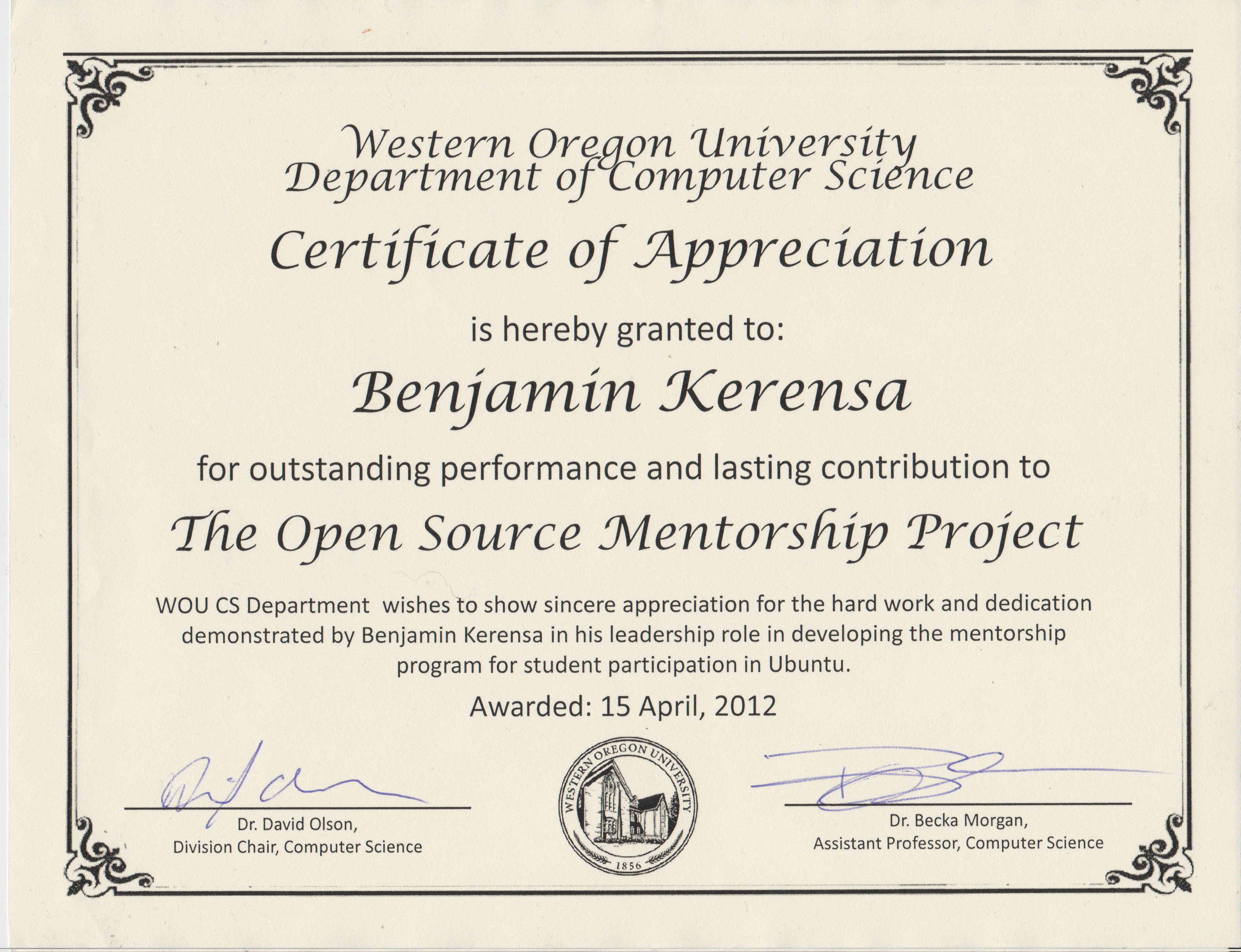 Western Oregon University Computer Science Certificate of 