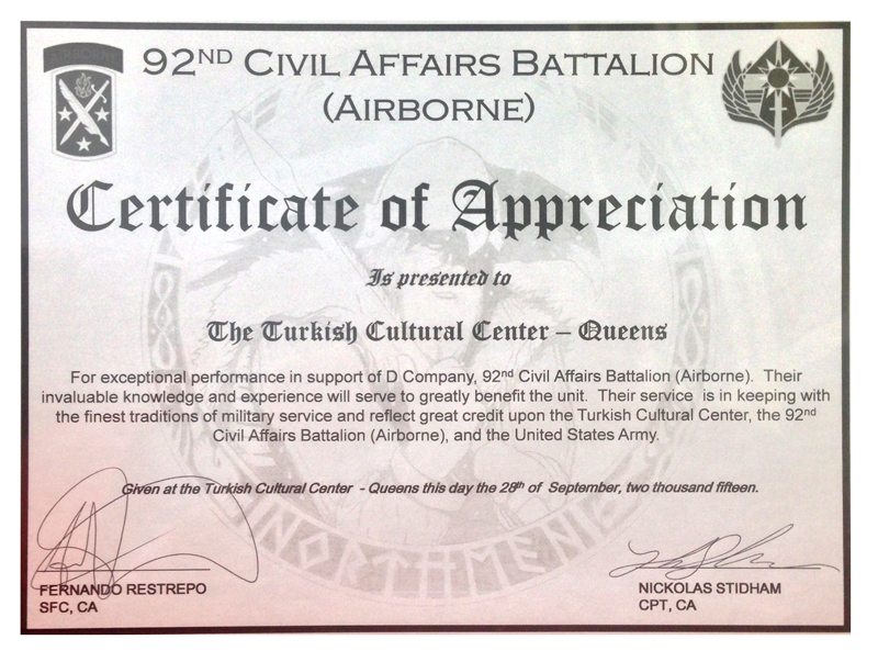 Certificate of Appreciation Turkish Cultural Center