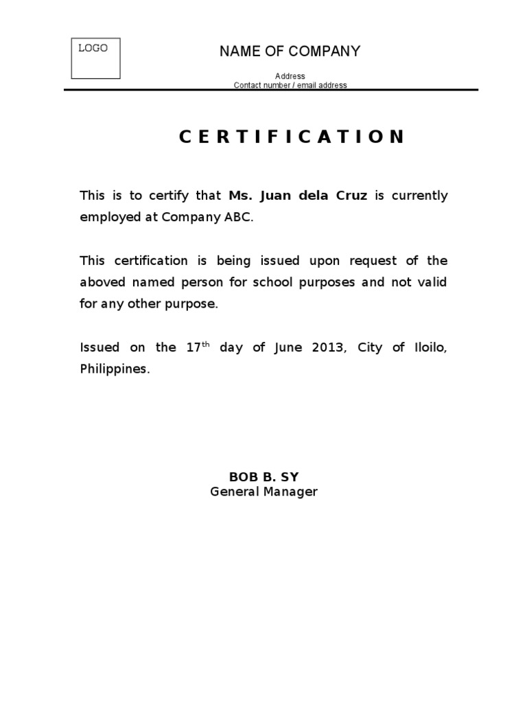 Free Certificate Of Employment Template