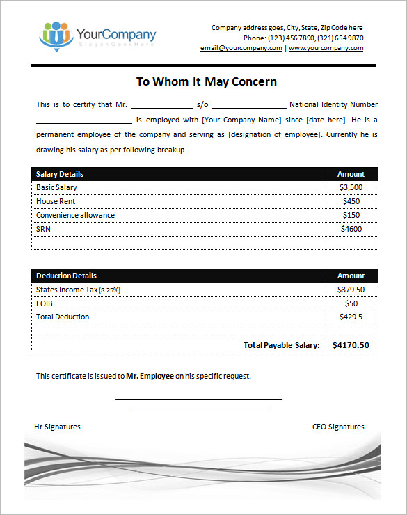 Salary Certificate Format Template