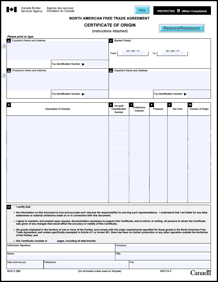 Global Wizard NAFTA Certificate of Origin