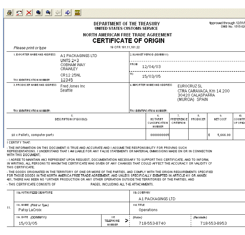 Global Wizard NAFTA Certificate of Origin