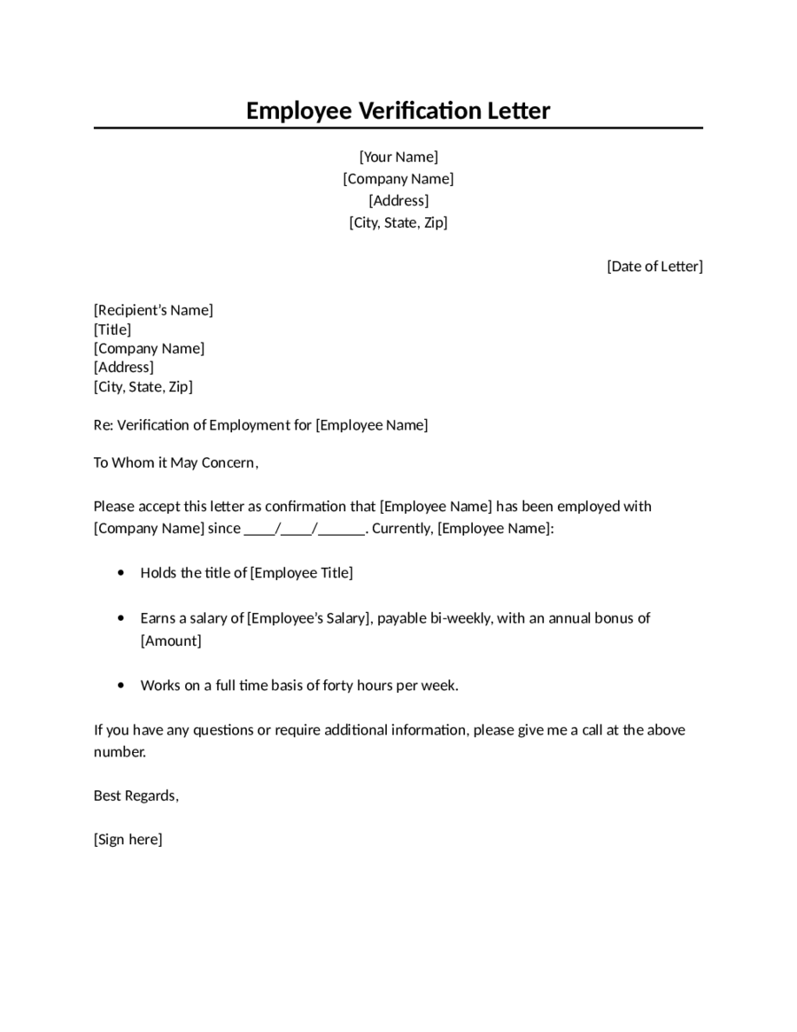 Proof of Employment Letter Sample Employment Verification Letter 