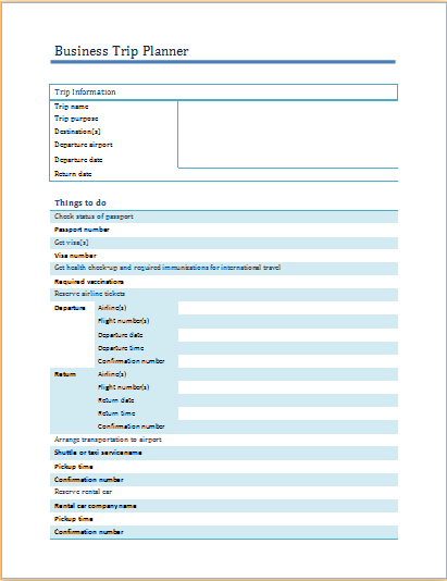 MS Word Business Trip Planner Template | Formal Word Templates