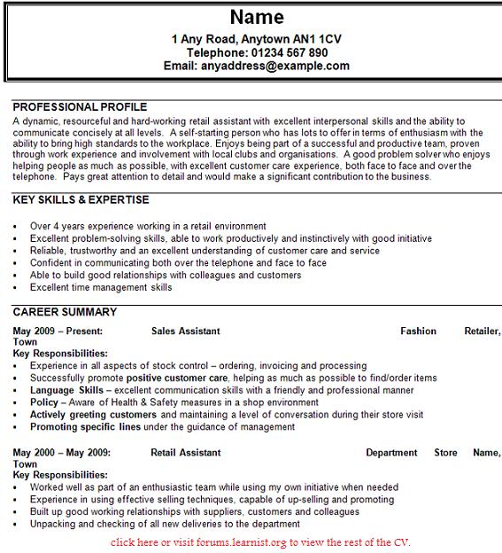 Sales Assistant CV Example forums.learnist.org