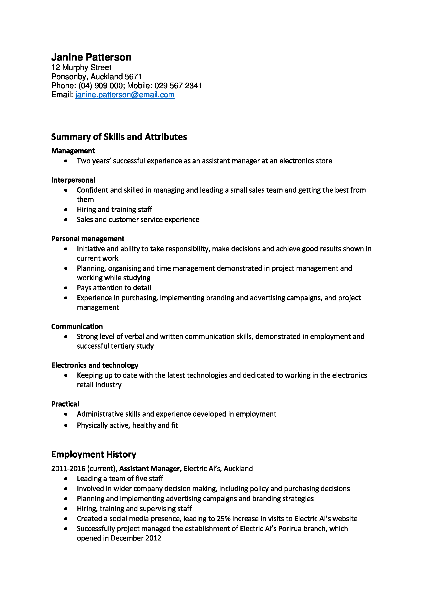 Sample resume new zealand