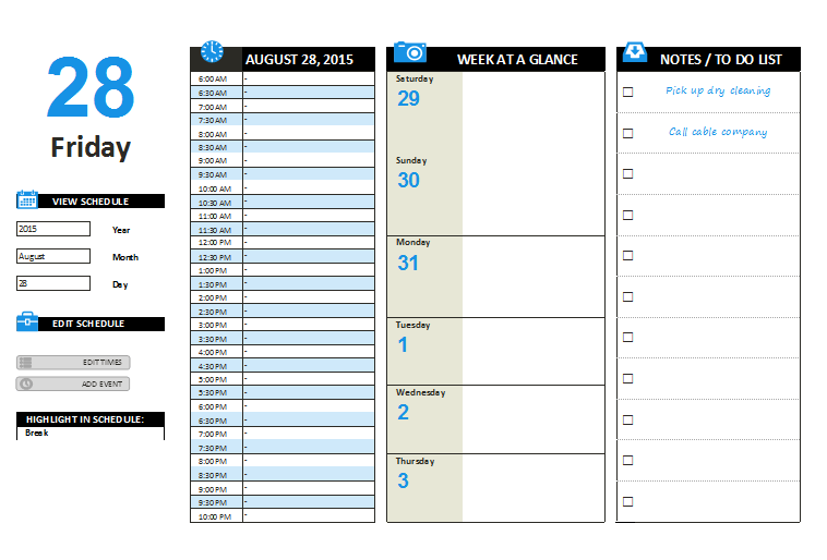Daily Planner Template Free Printable Daily Planner for Excel