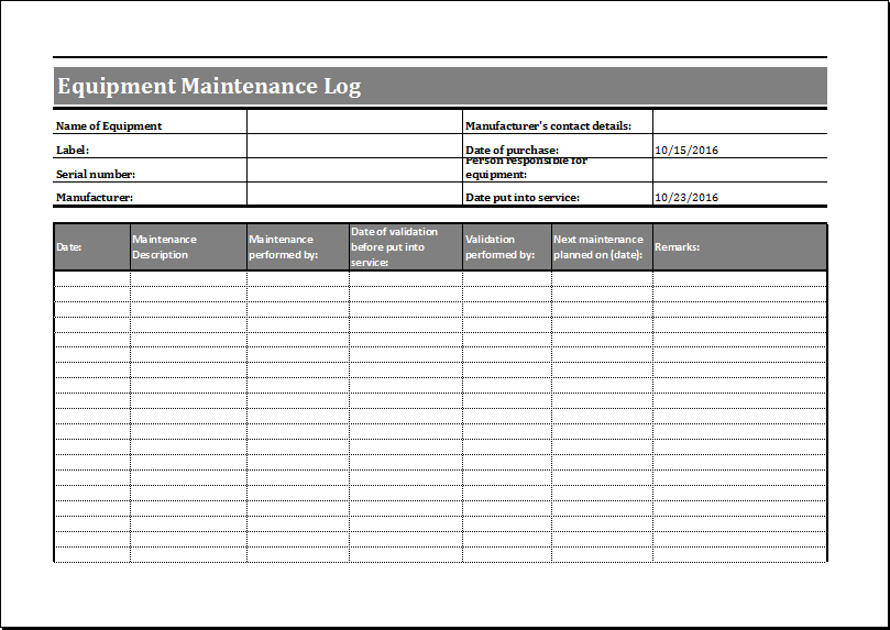 Equipment Maintenance Log Template | Word & Excel Templates