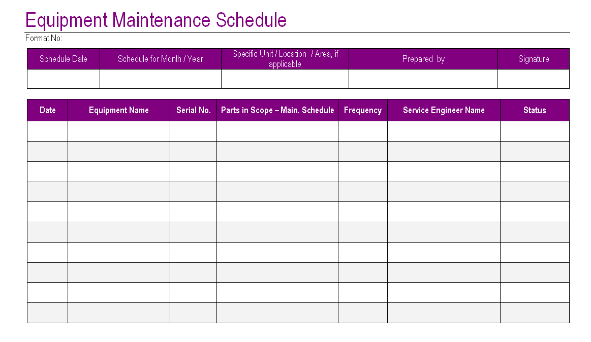 Equipment Maintenance Schedule Template Excel