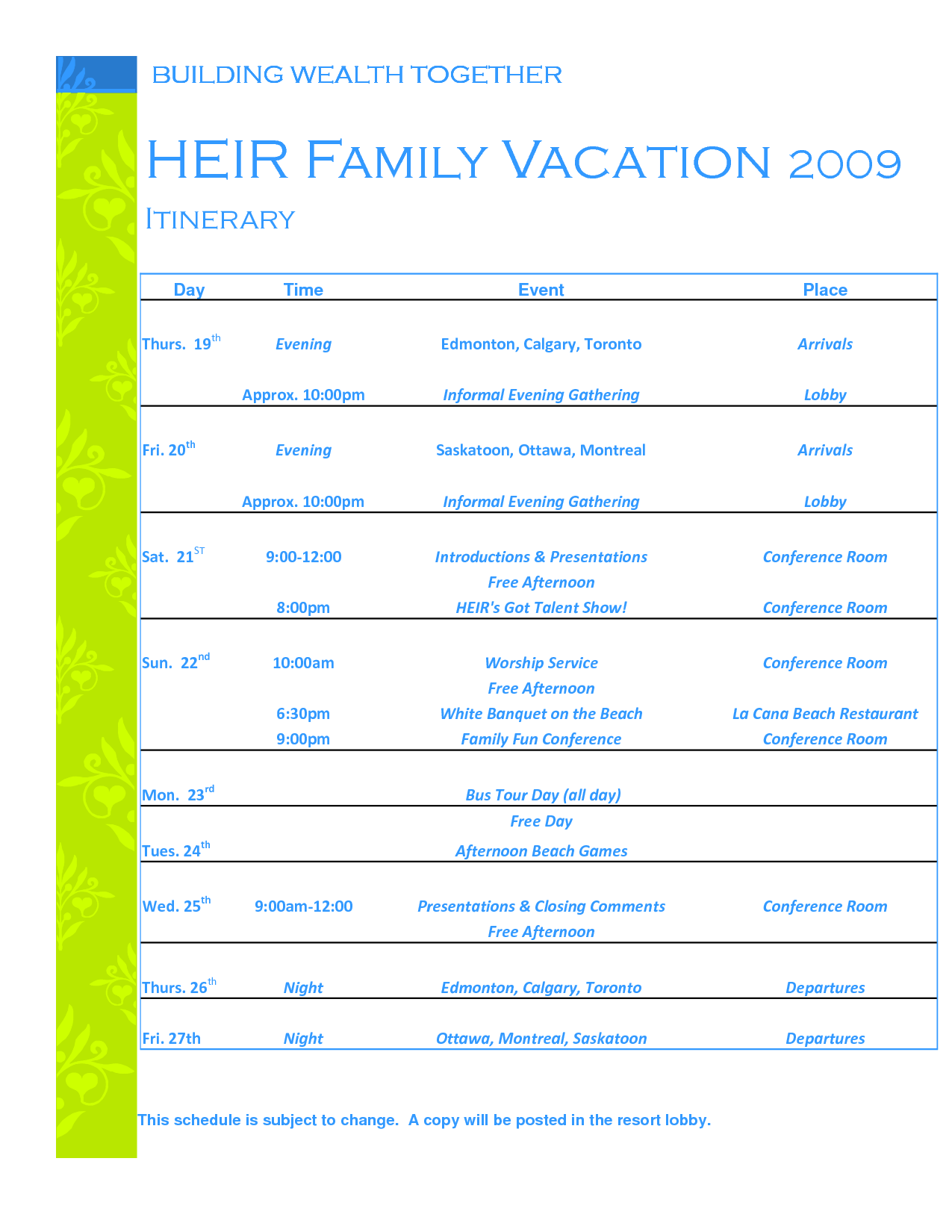 Family Vacation Itinerary Template Sishjrcr | aplg planetariums.org