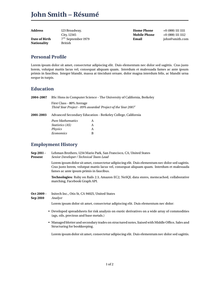 LaTeX Templates » Curricula Vitae/Résumés