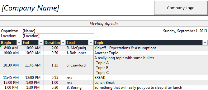 Free Meeting Agenda Template For Excel