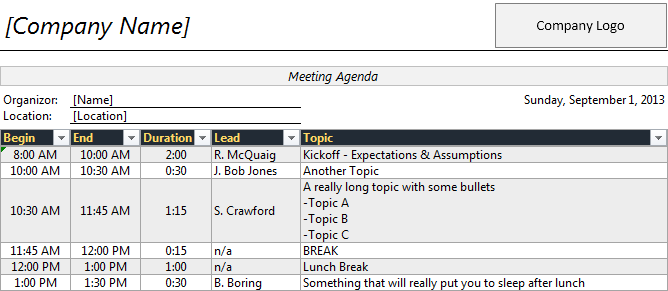 Time Agenda Template for Excel | Robert McQuaig Blog