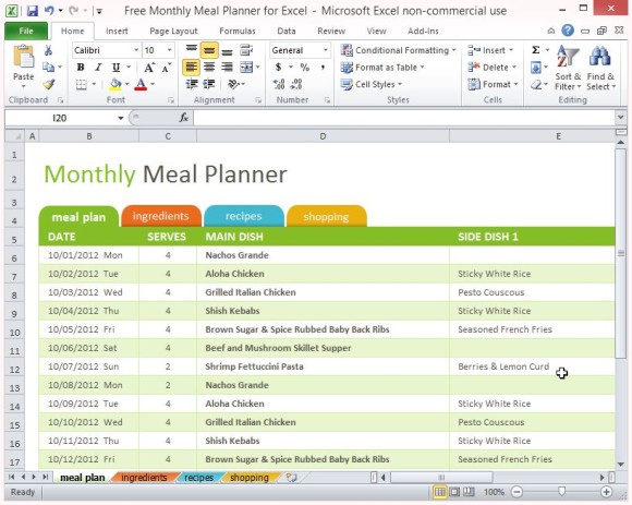 Free Monthly Meal Planner For Excel