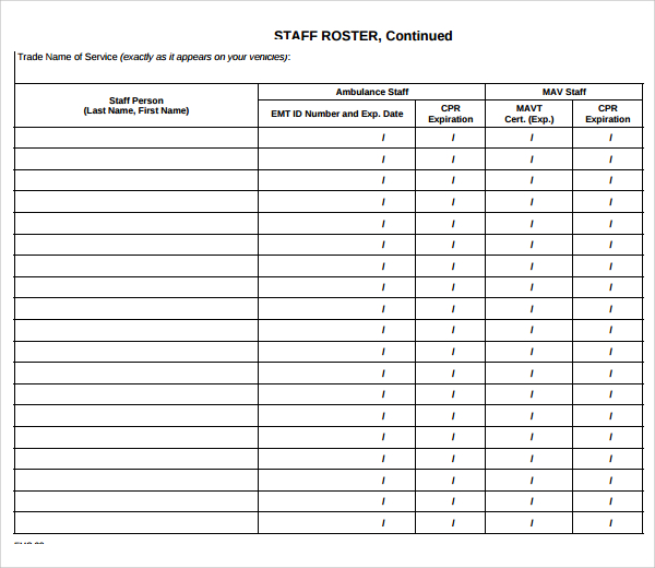 Monthly Roster Template Free Download