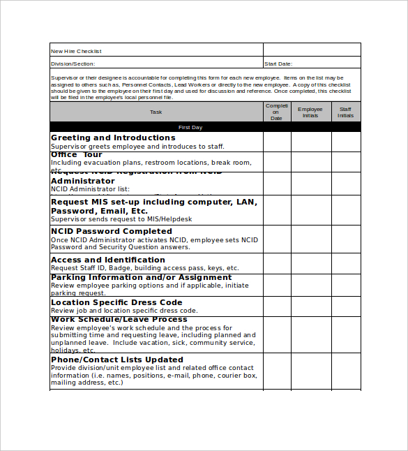 New Hire Checklist Template – 12+ Free Word, Excel, PDF Documents 