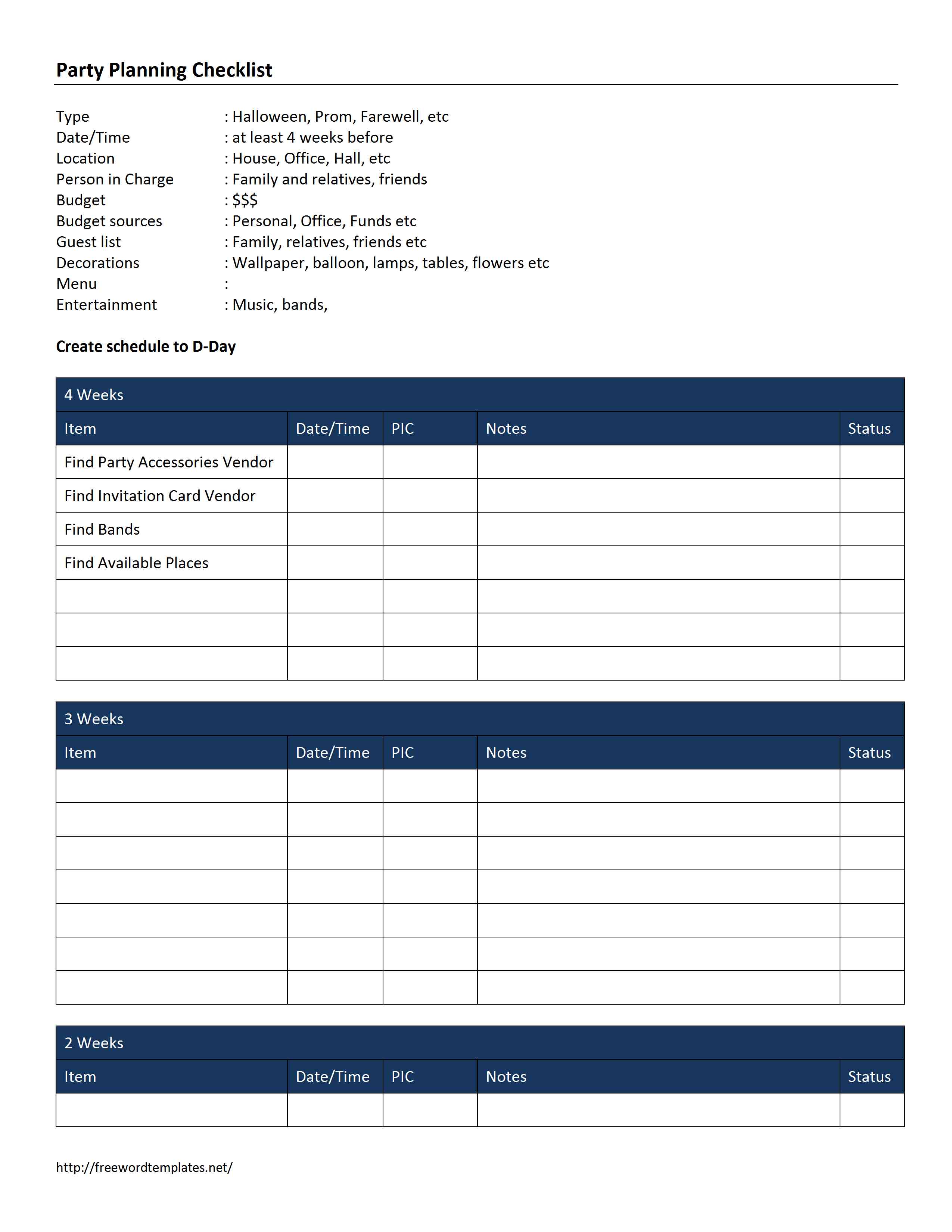 Party Event Checklist Template Word, Excel, PDF Documents
