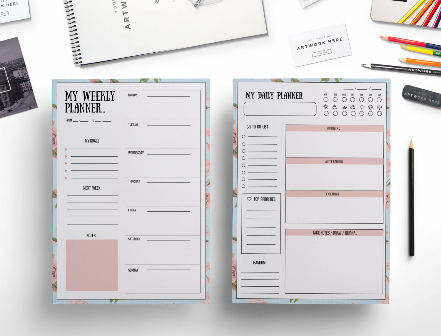 Daily planner Weekly planner floral background /