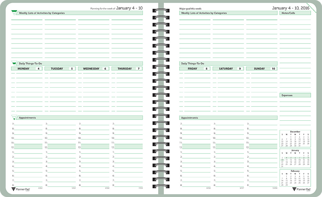 Planner Pads: Spiral Bound Organizer Green Ink Style Personal Size