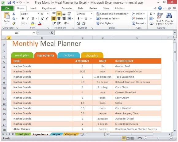 Free Monthly Meal Planner For Excel