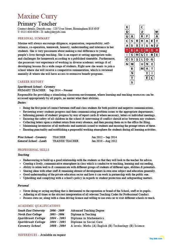 Primary School Teacher CV Sample | MyperfectCV