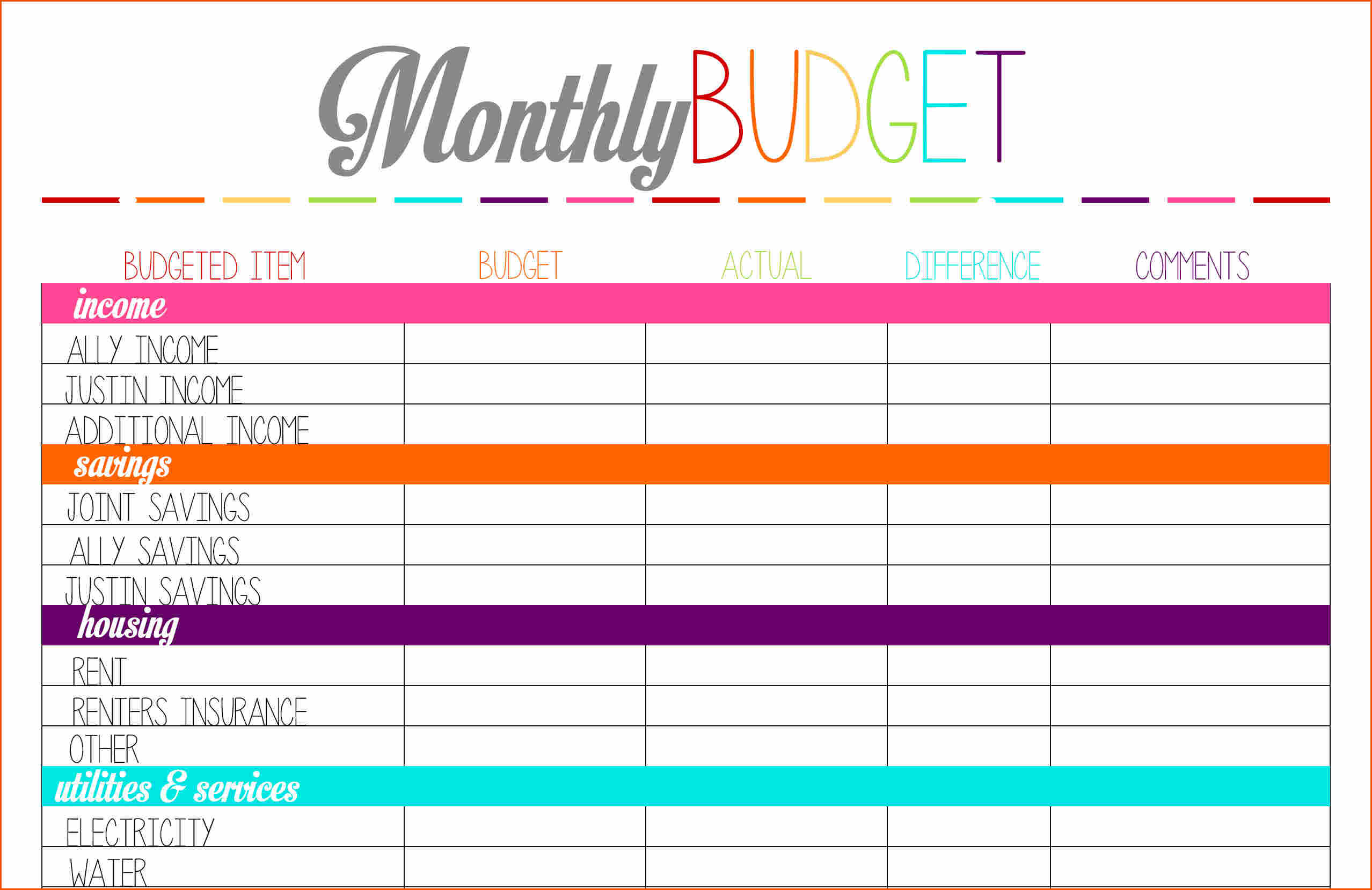 Budget worksheet printable Memo Templates Word