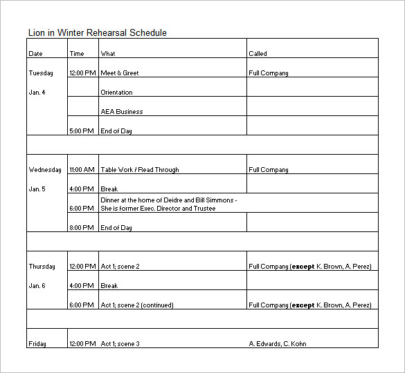 Rehearsal Schedule Template