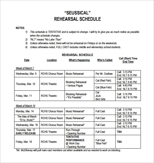 Rehearsal Schedule Template – 10+ Free Word, Excel, PDF Format 