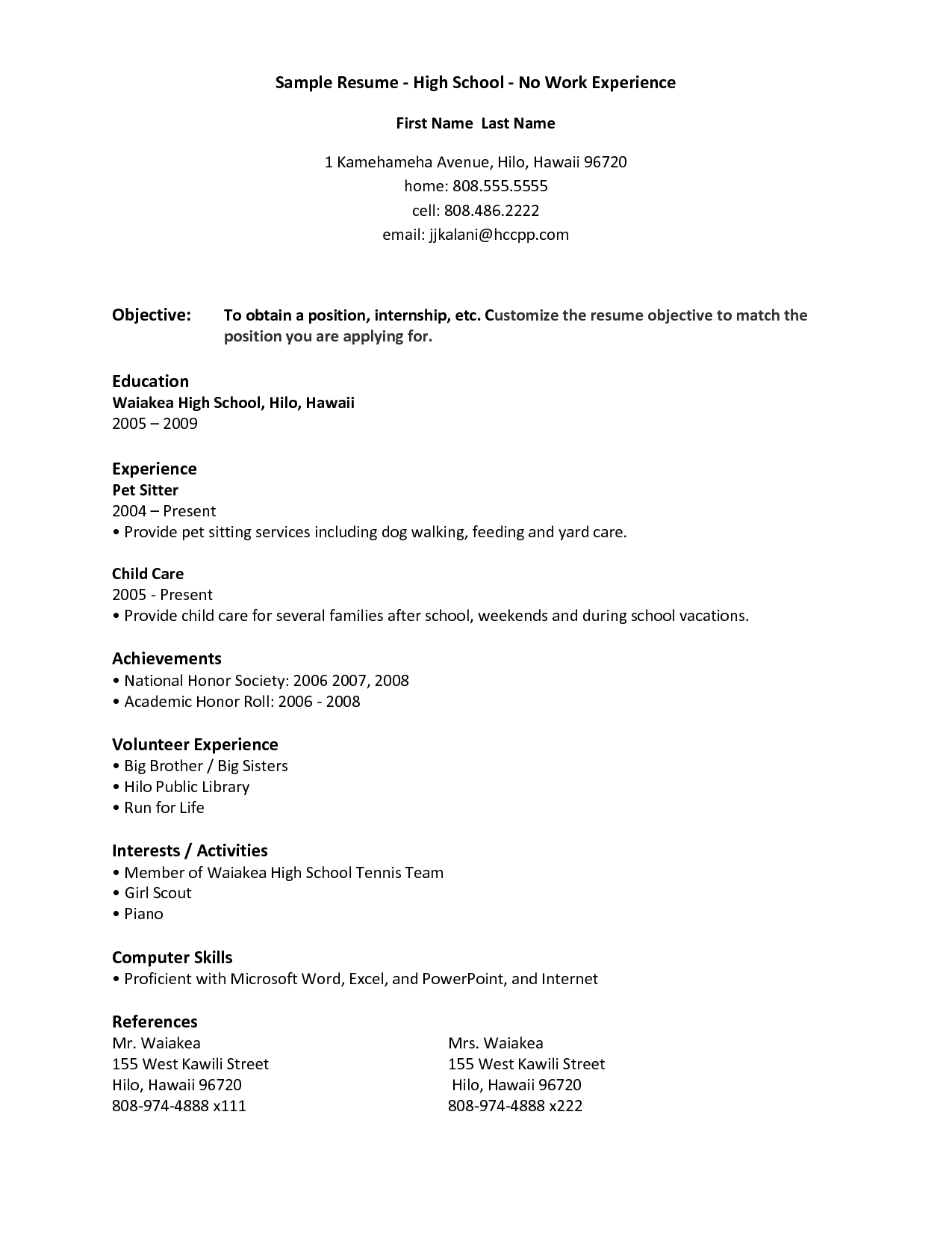 Resume Sample For High School Students With No Experience http 