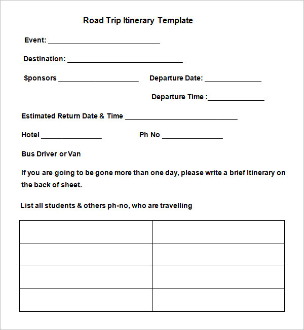 Road Trip Itinerary Template 9 Free Word, Excel, PDF Documents 