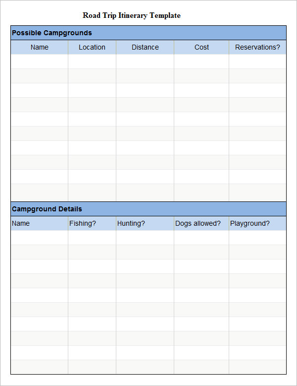 Road Trip Itinerary Template 9 Free Word, Excel, PDF Documents 