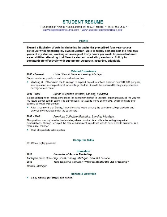 Sample Resume For College Students Still In School