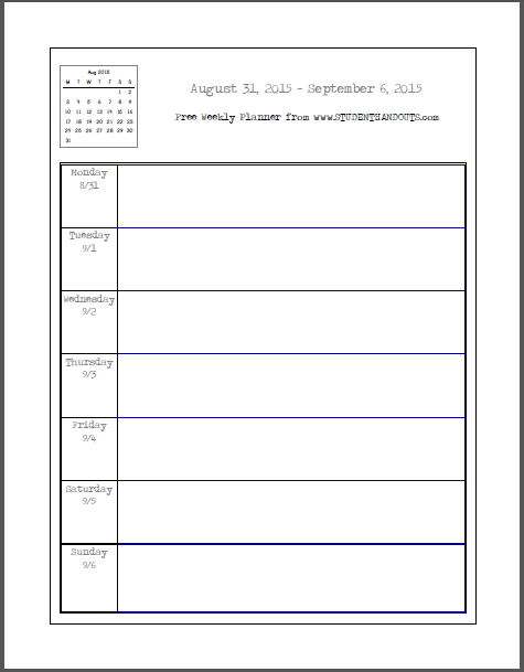 Free Blank Printable Weekly School Planner | Student Handouts