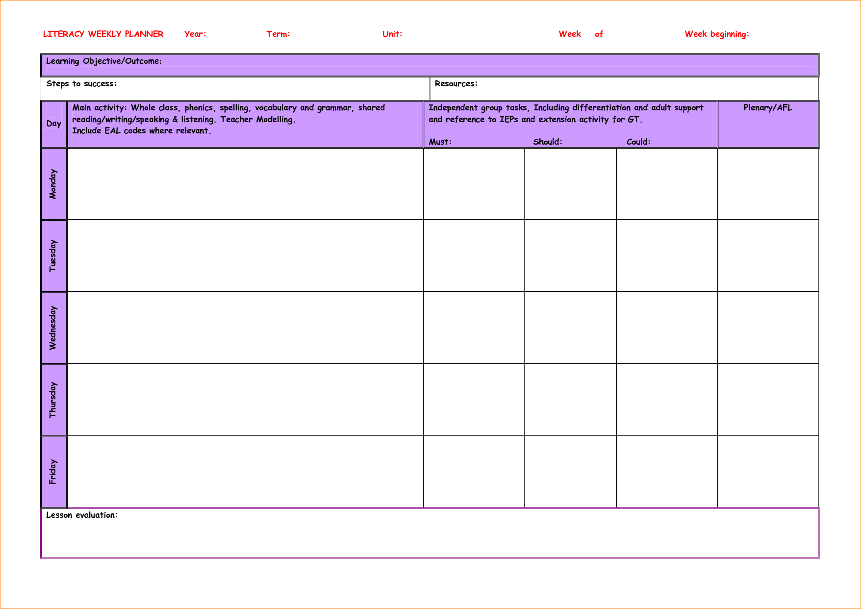 Daily Lesson Plan Template # 1 | .lessonplans4teachers.