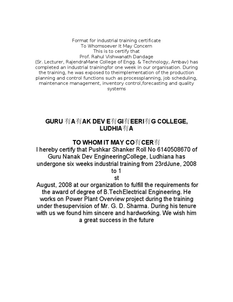 Format for Industrial Training Certificate