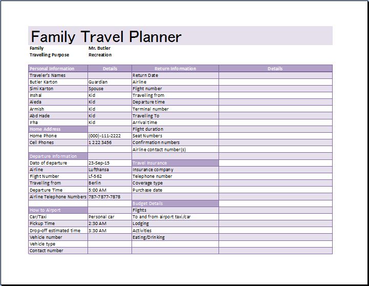 MS Excel Family Travel Planner Template | Word & Excel Templates