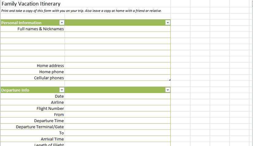 Vacation Itinerary & Packing List Template in Excel