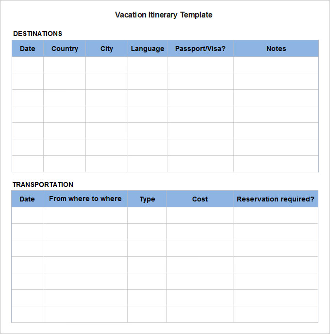 Vacation planner Office Templates