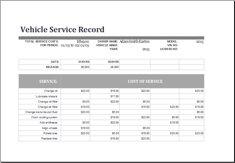 MS Excel Vehicle Service Record Log Template | Excel Templates