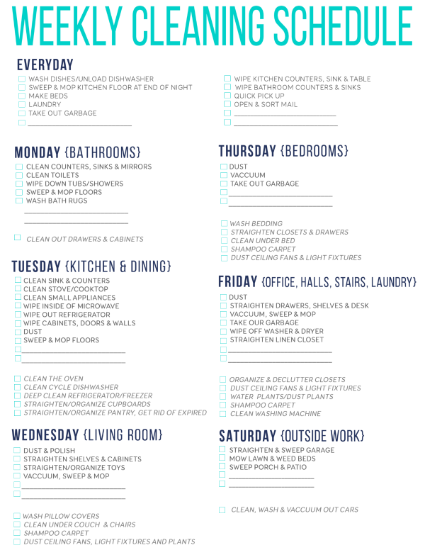 List Junkie: Weekly Cleaning Schedule (Free Printable) | Dandelion 