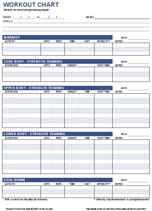 Free Workout Chart | Printable Weight Lifting Chart Template