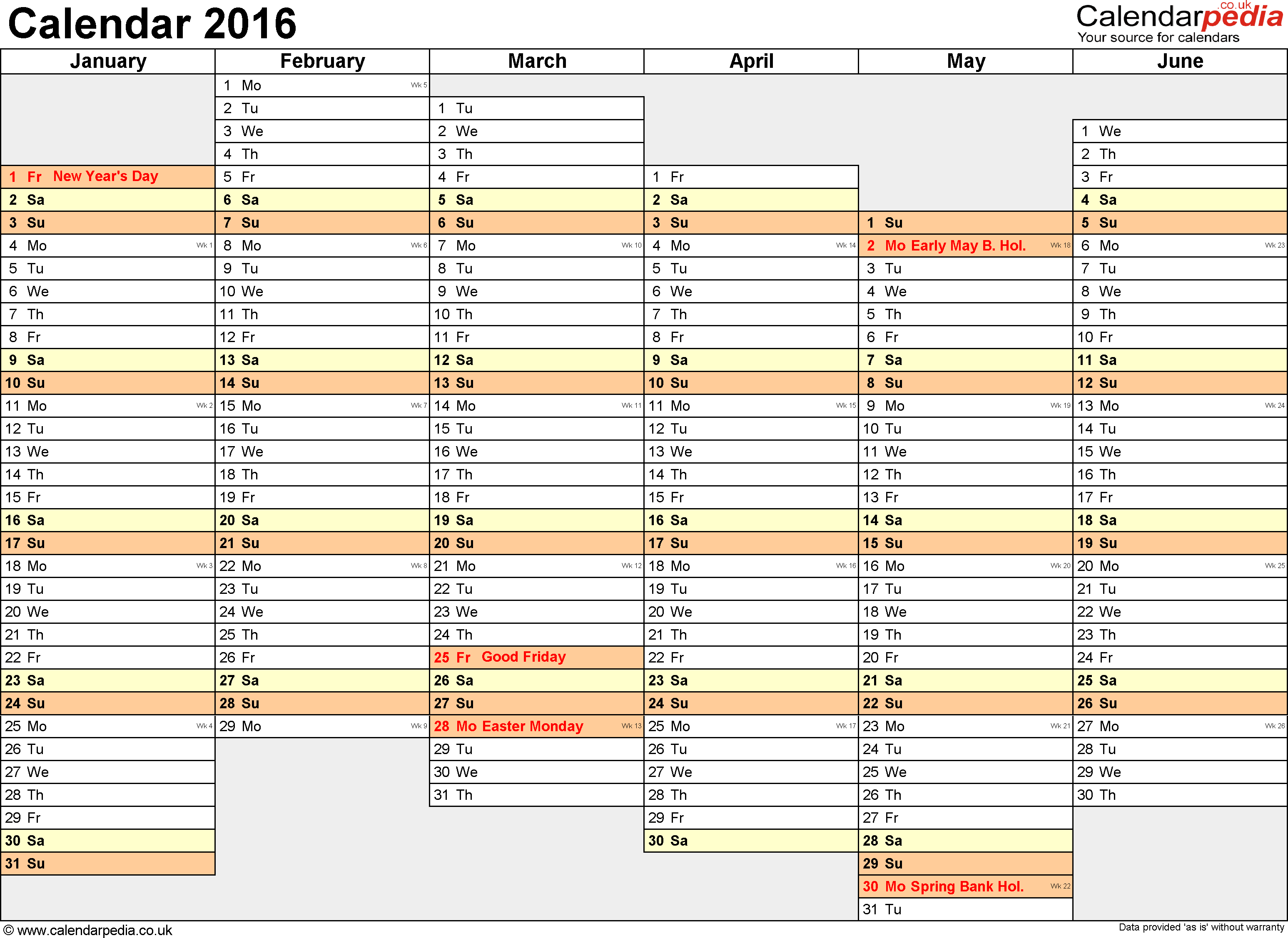 Excel Calendar 2016 (UK): 16 printable templates (xls/xlsx, free)