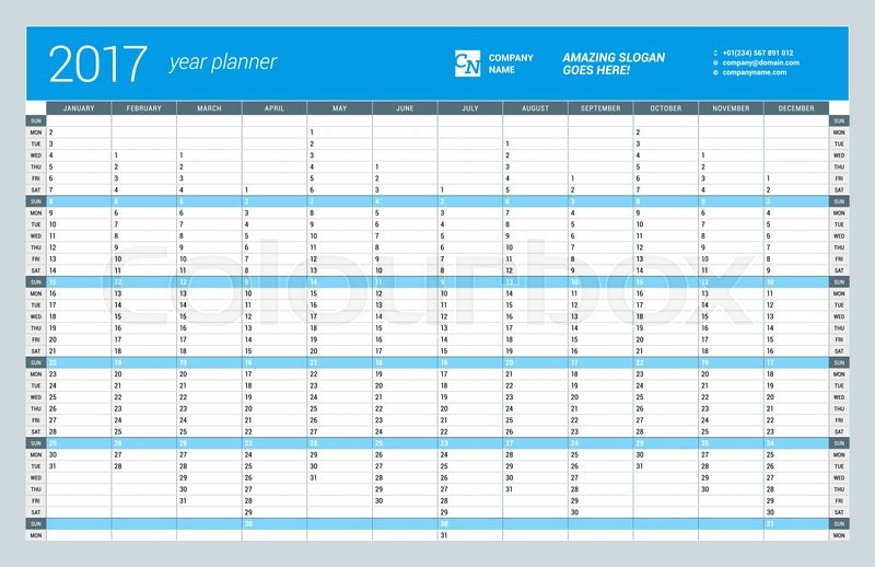 Yearly Wall Calendar Planner Template for 2017 Year. Vector Design 