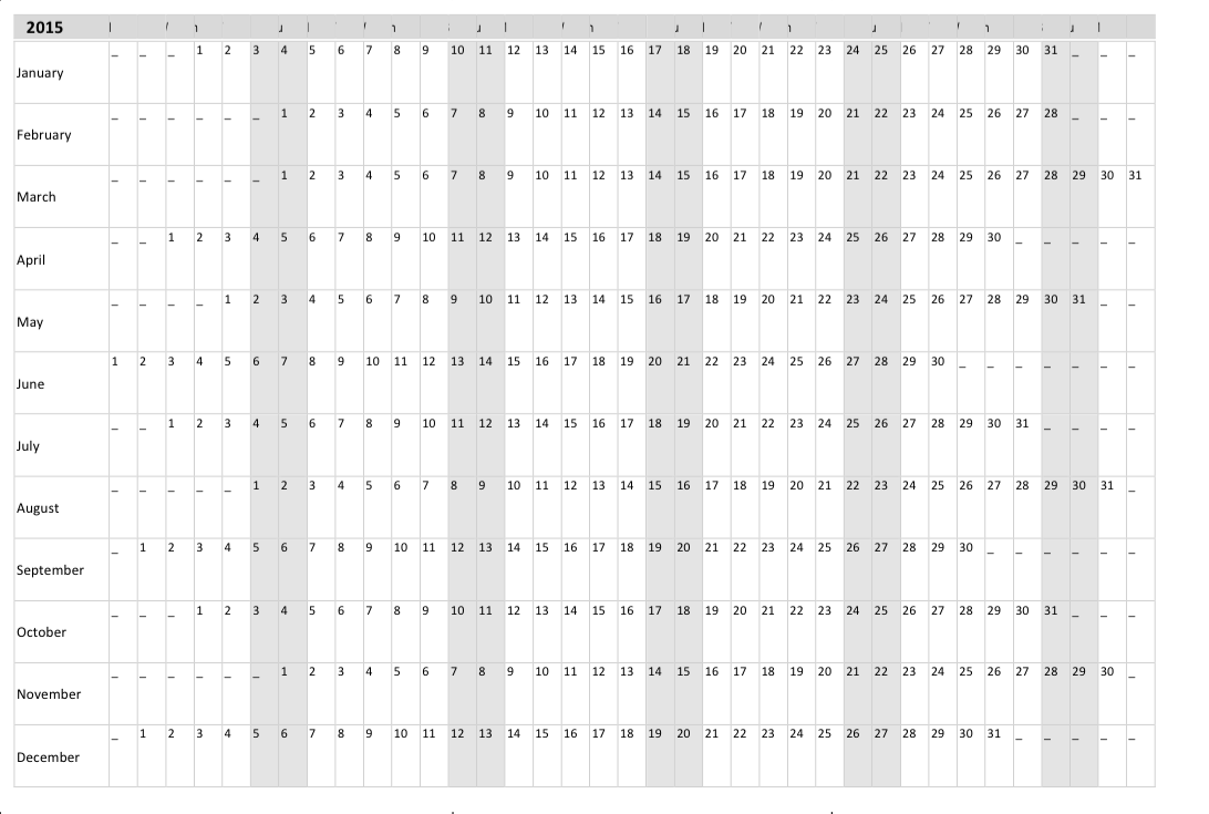 Template 15: Yearly calendar 2016 as PDF template, portrait 