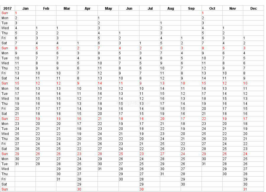 Printable 2017 Calendar Blank Template #2 (compact year planner)